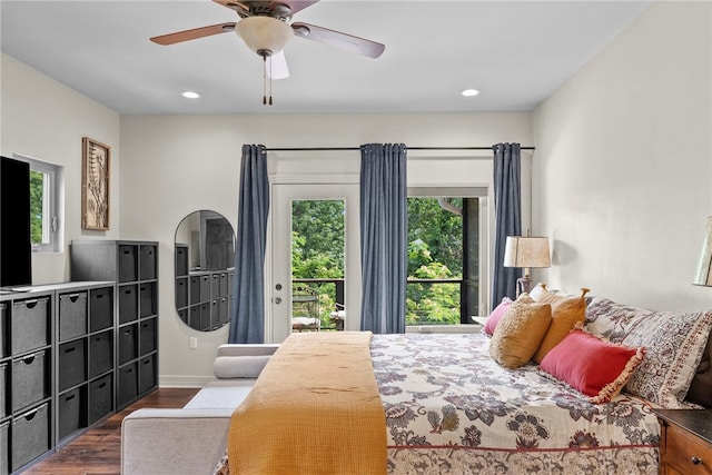 8252 Hickory Tree Ln, Rogers, AR 72756 - bedroom featuring access to outside, wood finished floors, recessed lighting, and a ceiling fan
