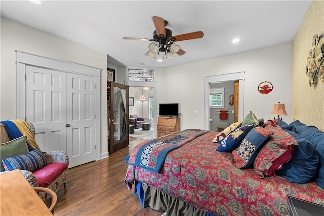 8252 Hickory Tree Ln, Rogers, AR 72756 - bedroom featuring wood finished floors, recessed lighting, ceiling fan, and a closet