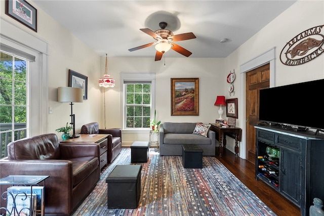 8252 Hickory Tree Ln, Rogers, AR 72756 - living room featuring ceiling fan and dark wood-style floors