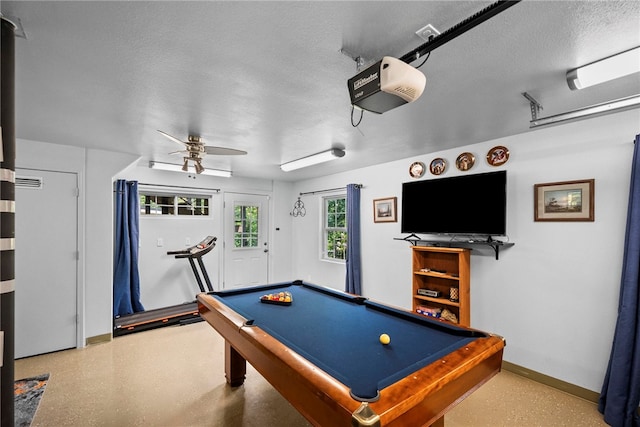8252 Hickory Tree Ln, Rogers, AR 72756 - game room featuring billiards, ceiling fan, and a textured ceiling