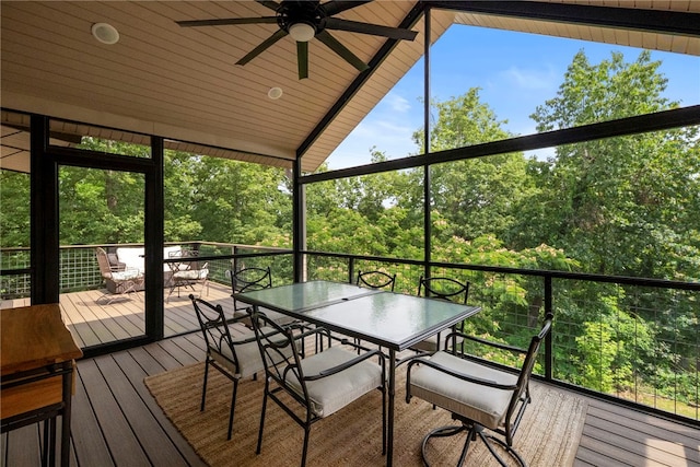 8252 Hickory Tree Ln, Rogers, AR 72756 - sunroom / solarium featuring a ceiling fan, outdoor dining area, and lofted ceiling