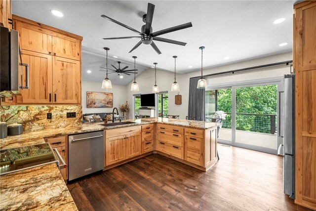 8252 Hickory Tree Ln, Rogers, AR 72756 - kitchen featuring appliances with stainless steel finishes, a ceiling fan, a peninsula, recessed lighting, and dark wood-style flooring