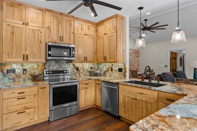 8252 Hickory Tree Ln, Rogers, AR 72756 - kitchen with appliances with stainless steel finishes, ceiling fan, light brown cabinets, and vaulted ceiling
