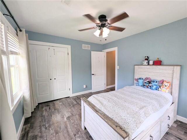 805 S Oak St, Harrison, AR 72601 - bedroom featuring dark wood-style floors, a closet, and a ceiling fan