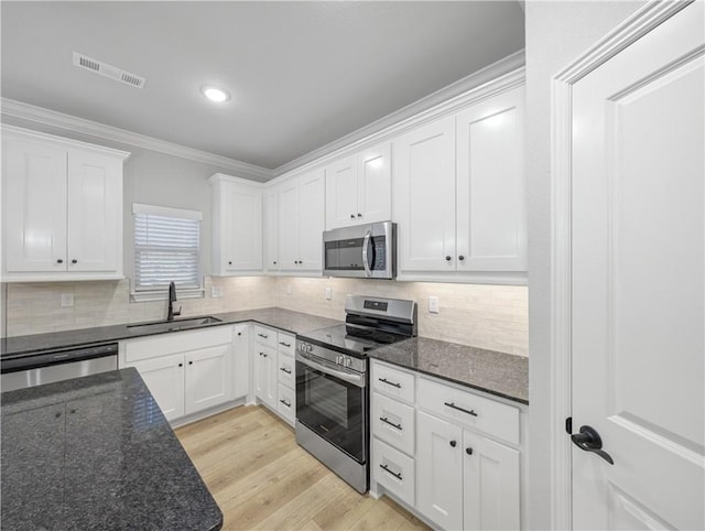 11 Dornoch Cir, Bella Vista, AR 72715 - kitchen featuring appliances with stainless steel finishes, crown molding, white cabinets, backsplash, and dark stone countertops