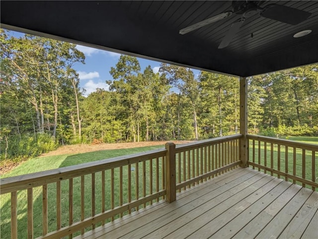 11 Dornoch Cir, Bella Vista, AR 72715 - wooden deck with a ceiling fan, a yard, and a forest view