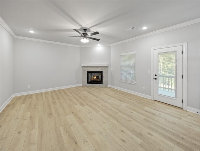 11 Dornoch Cir, Bella Vista, AR 72715 - unfurnished living room with ornamental molding, light wood-type flooring, a ceiling fan, recessed lighting, and a lit fireplace