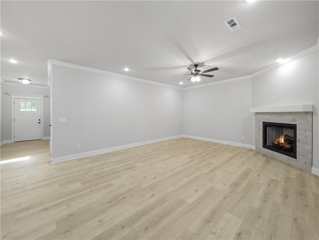 11 Dornoch Cir, Bella Vista, AR 72715 - unfurnished living room with ornamental molding, recessed lighting, light wood finished floors, a tile fireplace, and ceiling fan