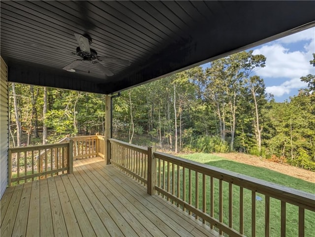 11 Dornoch Cir, Bella Vista, AR 72715 - deck with a ceiling fan, a lawn, and a view of trees