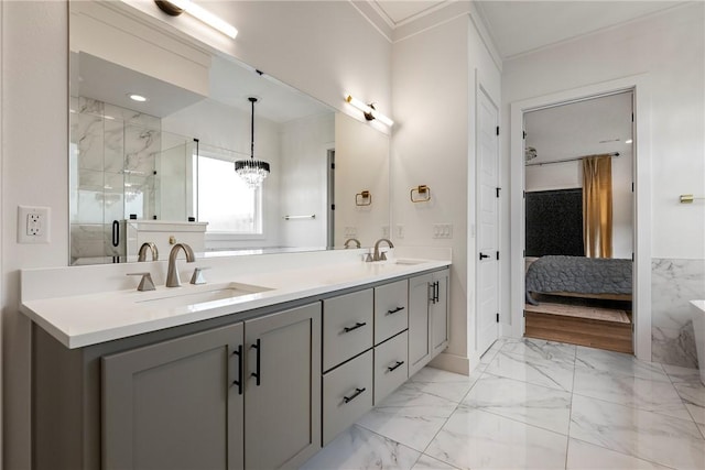 8002 W Claverton St, Rogers, AR 72758 - full bathroom featuring ensuite bath, double vanity, a marble finish shower, ornamental molding, and marble finish flooring
