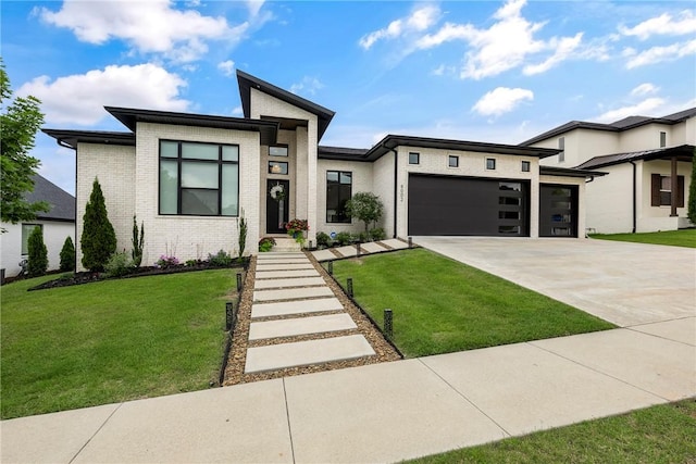8002 W Claverton St, Rogers, AR 72758 - contemporary home with brick siding, a garage, concrete driveway, and a front lawn