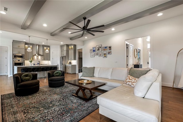 8002 W Claverton St, Rogers, AR 72758 - living room featuring beamed ceiling, dark wood-style floors, ceiling fan, and recessed lighting
