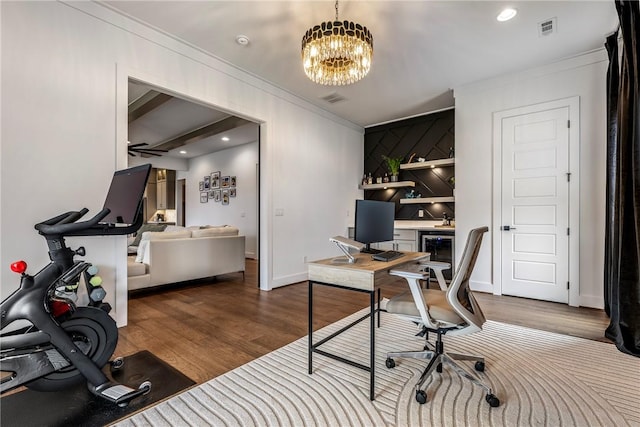 8002 W Claverton St, Rogers, AR 72758 - office area with ornamental molding, wood finished floors, a chandelier, and recessed lighting