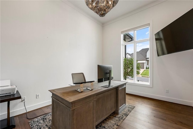 8002 W Claverton St, Rogers, AR 72758 - office space with ornamental molding, a chandelier, and dark wood-style floors