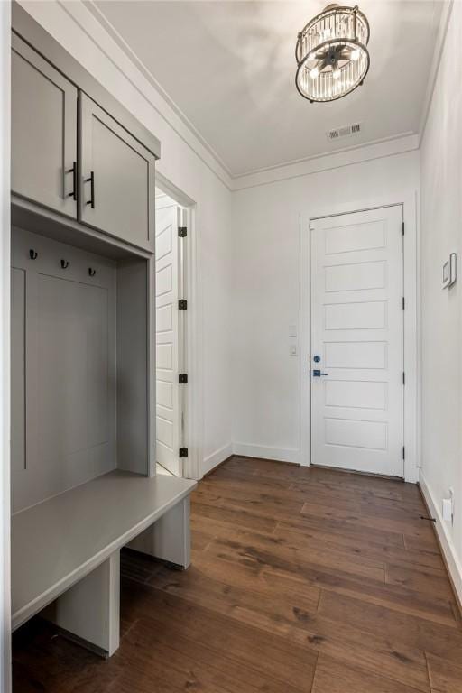 8002 W Claverton St, Rogers, AR 72758 - mudroom featuring crown molding, dark wood-style floors, and a chandelier