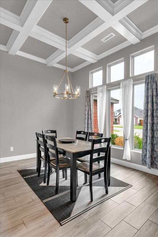 328 N Otoe St, Farmington, AR 72730 - dining space featuring coffered ceiling, a chandelier, plenty of natural light, light wood finished floors, and beam ceiling
