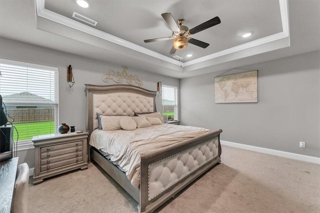 328 N Otoe St, Farmington, AR 72730 - bedroom featuring a tray ceiling, ornamental molding, light carpet, recessed lighting, and a ceiling fan