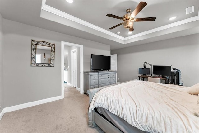 328 N Otoe St, Farmington, AR 72730 - bedroom with a tray ceiling, light carpet, crown molding, a ceiling fan, and recessed lighting