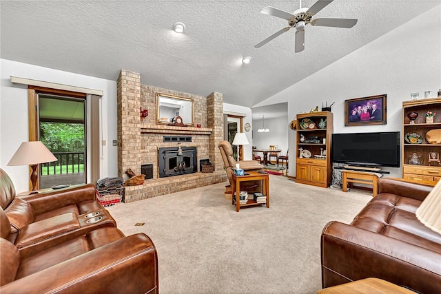 8553 Stoner Ln, Rogers, AR 72756 - living room featuring a textured ceiling, light carpet, a ceiling fan, vaulted ceiling, and a brick fireplace