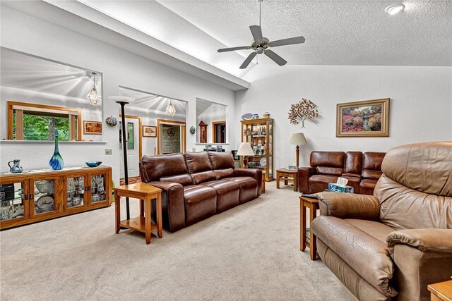 8553 Stoner Ln, Rogers, AR 72756 - living room with lofted ceiling, light colored carpet, a textured ceiling, and ceiling fan