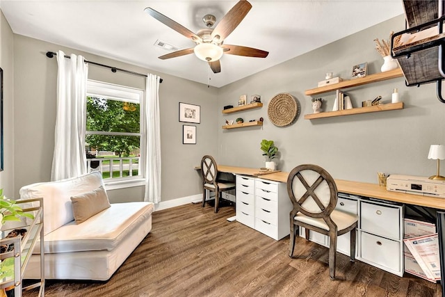1314 N Fieldstone Ave, Fayetteville, AR 72704 - home office with ceiling fan, dark wood-style flooring, and built in desk