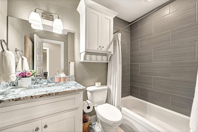 1314 N Fieldstone Ave, Fayetteville, AR 72704 - bathroom with a textured wall, vanity, and shower / tub combo with curtain