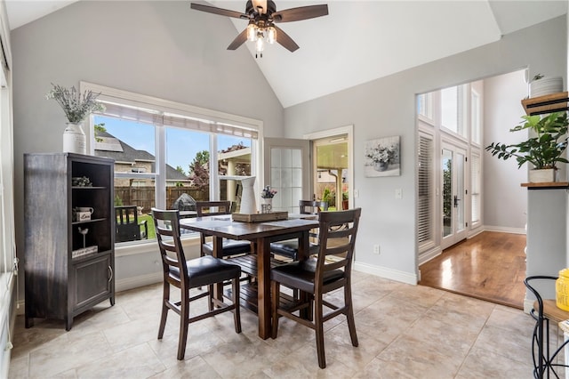 501 SE Fullerton St, Bentonville, AR 72712 - dining room with high vaulted ceiling, a ceiling fan, and light tile patterned floors