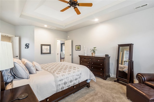 501 SE Fullerton St, Bentonville, AR 72712 - bedroom featuring light colored carpet, a tray ceiling, ornamental molding, a ceiling fan, and recessed lighting