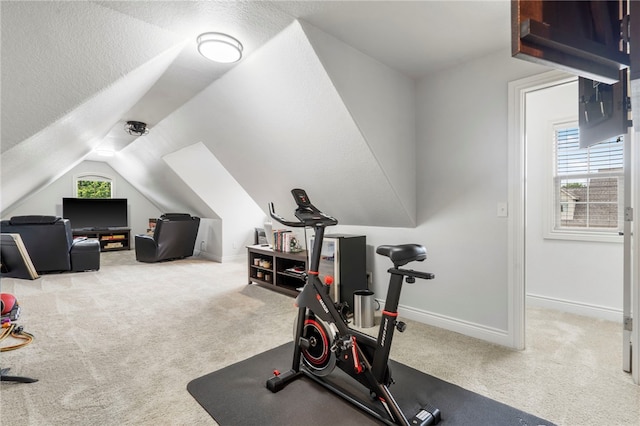 501 SE Fullerton St, Bentonville, AR 72712 - exercise area featuring carpet floors, lofted ceiling, and a textured ceiling