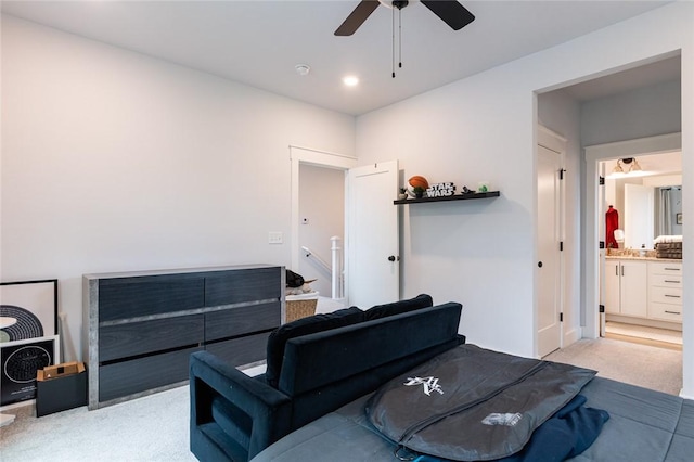 315 E 11th St, Fayetteville, AR 72701 - living room featuring light colored carpet, a ceiling fan, and recessed lighting