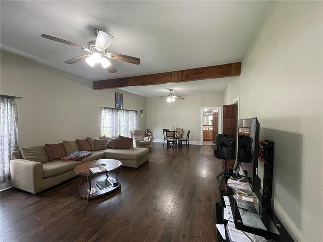 602 E Church Ave, Berryville, AR 72616 - living area featuring a ceiling fan, dark wood-type flooring, and beamed ceiling