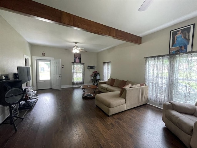 602 E Church Ave, Berryville, AR 72616 - living room with a ceiling fan, beam ceiling, and dark wood finished floors