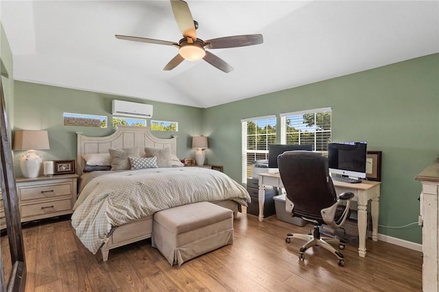 132 N Nature Trl Ln, Noel, MO 64854 - bedroom featuring a wall mounted AC, lofted ceiling, wood finished floors, a desk, and a ceiling fan