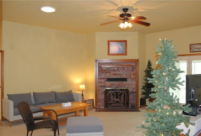 32 Table Rock Dr, Holiday Island, AR 72631 - living area featuring a brick fireplace and a ceiling fan