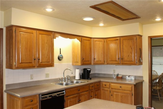 32 Table Rock Dr, Holiday Island, AR 72631 - kitchen with black dishwasher, brown cabinetry, backsplash, light countertops, and recessed lighting