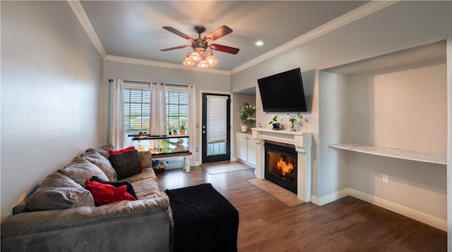 904 S Lafayette St, Rogers, AR 72758 - living area featuring a glass covered fireplace, crown molding, a ceiling fan, and dark wood-style floors