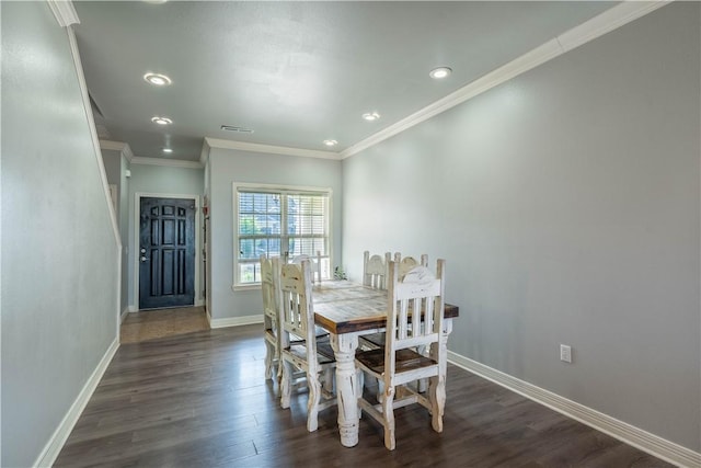 904 S Lafayette St, Rogers, AR 72758 - dining room featuring dark wood-type flooring, recessed lighting, and crown molding