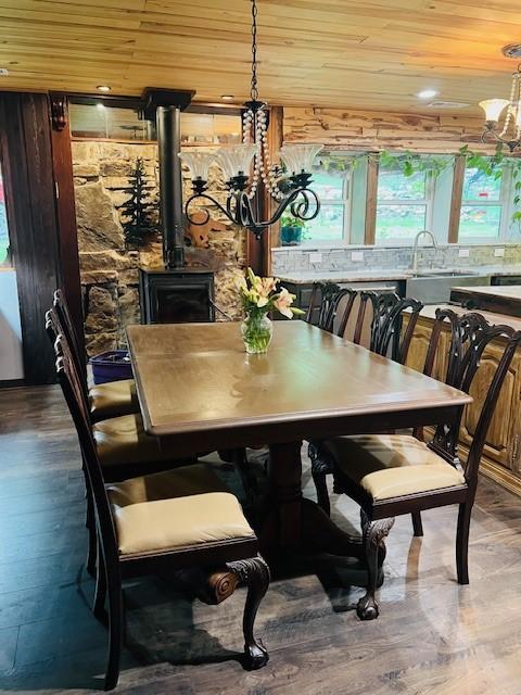 14163 Low Gap Wc 100 Rd, West Fork, AR 72774 - dining room featuring a chandelier, wooden ceiling, plenty of natural light, and wood finished floors