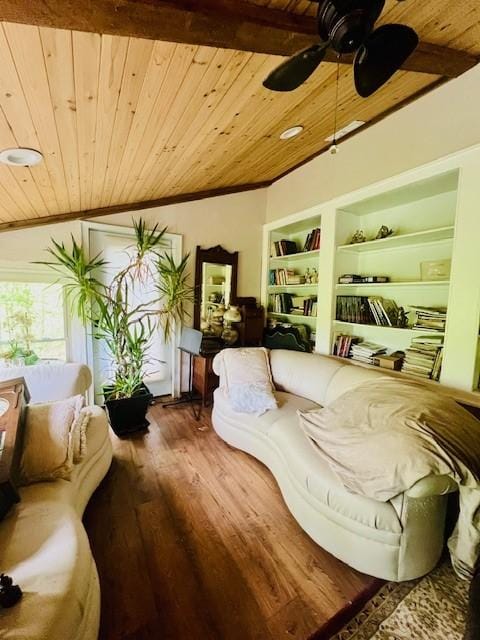 14163 Low Gap Wc 100 Rd, West Fork, AR 72774 - living room featuring wood ceiling, wood finished floors, ornamental molding, a ceiling fan, and built in features