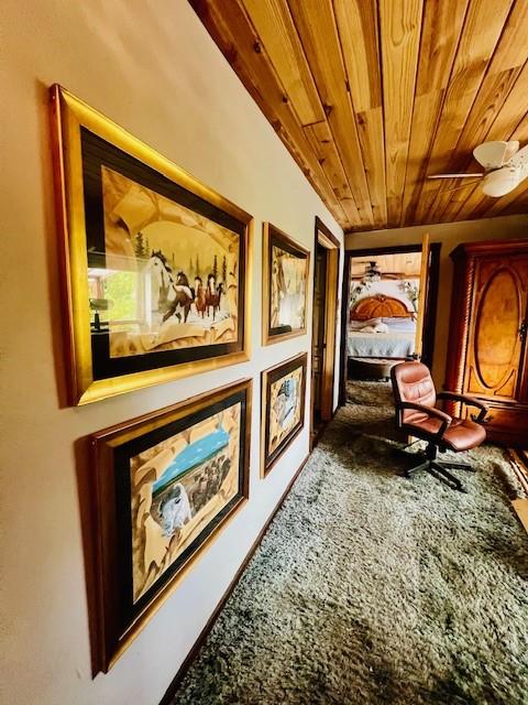 14163 Low Gap Wc 100 Rd, West Fork, AR 72774 - sitting room featuring wood ceiling, carpet flooring, and ceiling fan