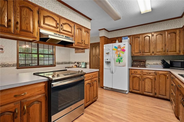 319 Belle Ave, Alma, AR 72921 - kitchen featuring white fridge with ice dispenser, electric range, under cabinet range hood, wallpapered walls, and brown cabinets
