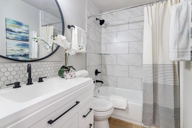 802 Hinshaw Dr, Springdale, AR 72762 - bathroom featuring vanity, shower / bathtub combination with curtain, and tasteful backsplash