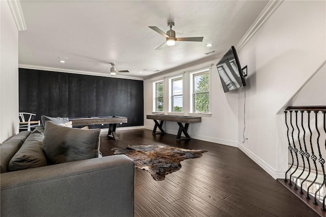 11267 Walters Rd, Bentonville, AR 72712 - living room with crown molding, dark wood-style flooring, ceiling fan, recessed lighting, and pool table