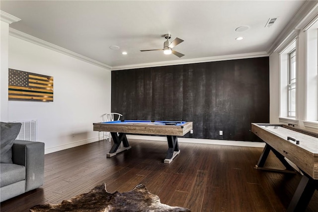 11267 Walters Rd, Bentonville, AR 72712 - recreation room with pool table, crown molding, ceiling fan, wood finished floors, and recessed lighting