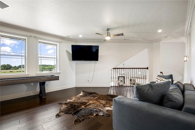 11267 Walters Rd, Bentonville, AR 72712 - living area featuring crown molding, ceiling fan, dark wood-type flooring, and recessed lighting