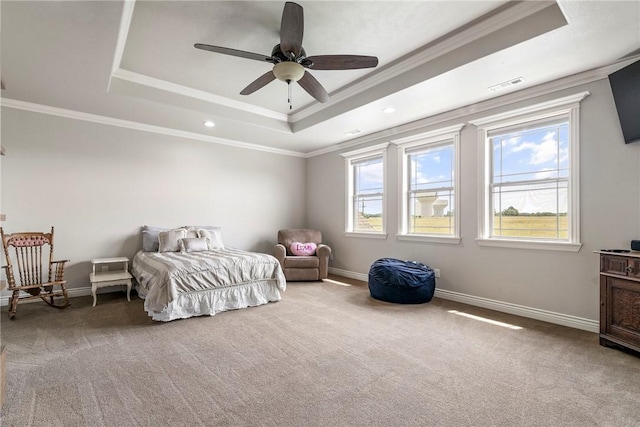 11267 Walters Rd, Bentonville, AR 72712 - bedroom featuring a tray ceiling, carpet flooring, ornamental molding, recessed lighting, and ceiling fan