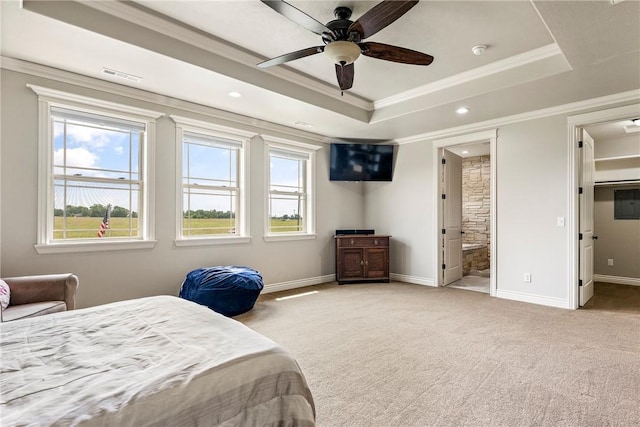11267 Walters Rd, Bentonville, AR 72712 - bedroom featuring a raised ceiling, crown molding, light carpet, recessed lighting, and ensuite bath