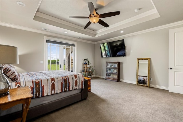 11267 Walters Rd, Bentonville, AR 72712 - carpeted bedroom with a raised ceiling, access to outside, ornamental molding, ceiling fan, and recessed lighting