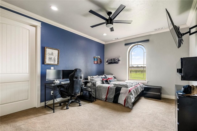 11267 Walters Rd, Bentonville, AR 72712 - bedroom featuring ornamental molding, carpet floors, recessed lighting, an office area, and a ceiling fan