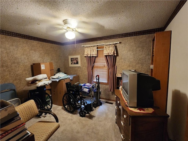 1805 Van Buren Ave, Mountain Home, AR 72653 - carpeted home office featuring ceiling fan, a textured ceiling, and ornamental molding